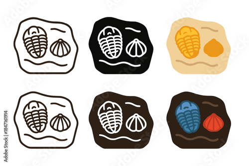 Fossil Vector Art. Fossilized trilobite and brachiopod embedded in rock layer, abstract minimal vector design, first in line style