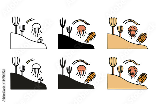 Cambrian Marine Fauna Diversity. Section of ancient seabed showing Cambrian marine fauna diversity, simple minimalist vector