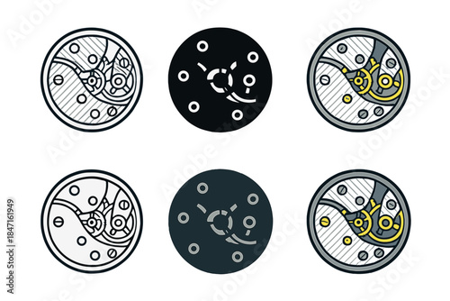Stylish Watch Mechanism. Intricately finished watch movement with Geneva stripes and polished edges, minimal vector icon, first in