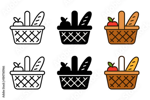 Picnic Basket Styles. Woven willow basket filled with picnic items like bread and fruit, minimal vector icon, first in line style