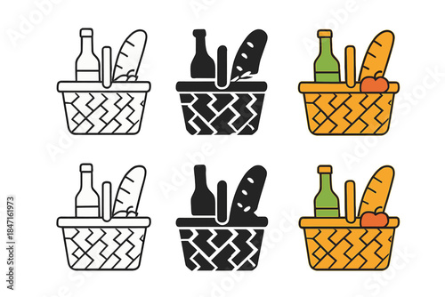 Stylized Picnic Basket. Basket with picnic items arranged neatly inside, showing woven willow texture, abstract minimalist vector