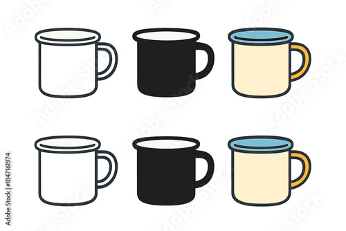 Minimal Camping Mug Design. Classic enamel camping mug with handle and simple design, minimal vector icon, first in line style