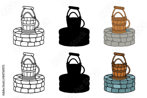 Rustic Well Illustration. Rustic wooden bucket hanging over stone well with rope coil, abstract minimal vector illustration, first