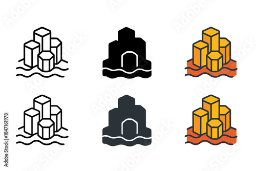 Hexagonal Basalt Columns. Hexagonal basalt columns forming a volcanic rock flow, minimal vector icon, first in line style with