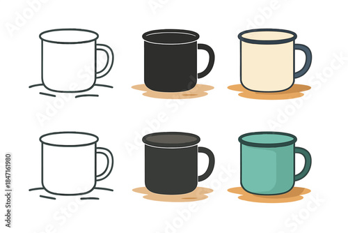 Enamel Mug Styles. Enamel mug resting on camping ground with minimal shadow, abstract minimalist vector illustration, first in