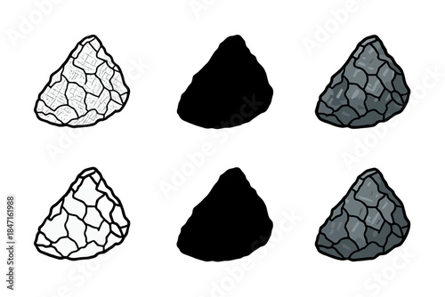Iron Meteorite Icons. Fragment of metallic iron meteorite with rough surface and crystalline texture, minimal vector icon, first
