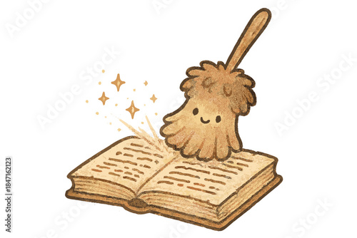 Magical Restoration Scene. Cute doodle feather duster gently brushing an ancient manuscript, tiny sparkles of dust turning into