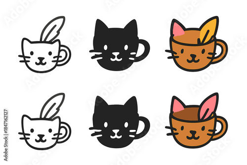 Whiskered Coffee Icon Series. Coffee cup with cat ears and whiskers design, quill placed diagonally behind, modern minimal icon
