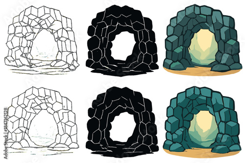 Geometric Basalt Cave. Cave opening framed by geometric basalt walls, soft light filtering in to reveal stone textures, balanced