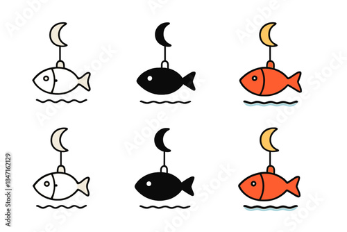 Floating Fish Lanterns. Floating lantern shaped like a fish under a crescent moon, simple minimalist vector icons, first in line