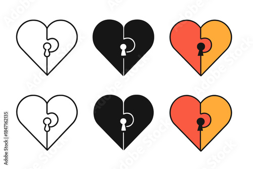 Puzzle Heart Keyhole. Two interlocking puzzle pieces forming a heart with a tiny keyhole in the center, clean minimal vector icons