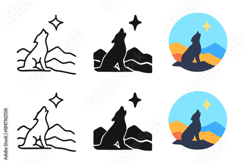 Howling Dog Silhouettes. Silhouette of a dog howling toward a star over layered mountain ridges, simple clean vector icons, first