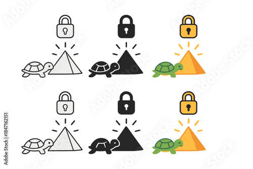 Turtle Meets Glowing Pyramid. Turtle approaching a glowing pyramid with a suspended lock above it, minimal vector composition,