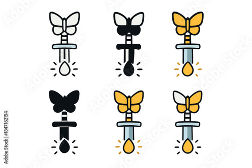 Butterfly and Sword Icon. Butterfly perched on sword handle while a glowing seed floats below, simple minimalist vector icons,