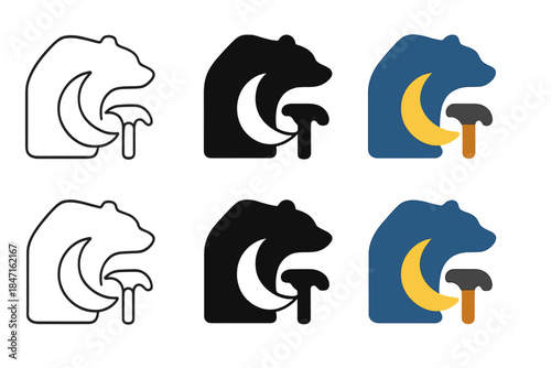 Moon Hammer Bear. Crescent moon resting on a hammer head with a bear silhouette in the background, minimal vector composition,