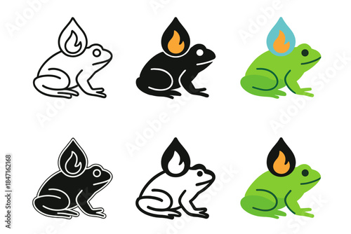 Frog's Fiery Reflection. Flame reflected in a droplet resting on a frog’s back, minimalist symbolic icons, first in line style