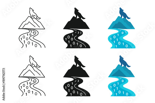 Digital River with Wolf. Digital river winding around a mountain with a wolf watching above, binary numbers glowing along the flow