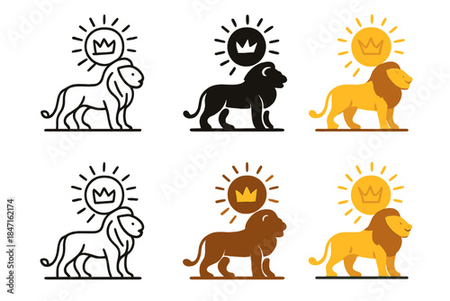 Lion Sun Majesty. Lion standing proudly beneath a sun crown symbolizing strength and light, minimalist symbolic icons, first in