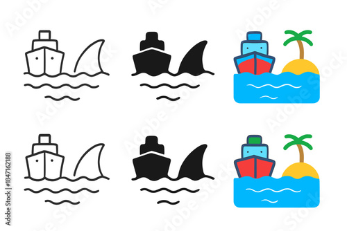 Minimalist Shark Fin. Shark fin positioned between a ship and a distant island, simple minimalist vector icons, first in line