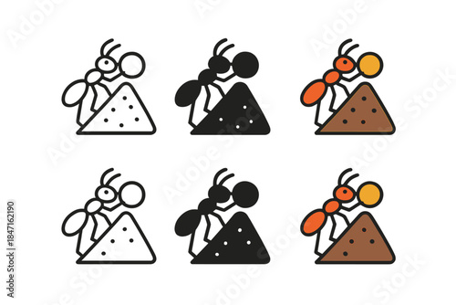 Ant's Journey_ Seed Carry. Ant climbing up an anthill holding a round seed in its mandibles, minimalist symbolic icons, first in