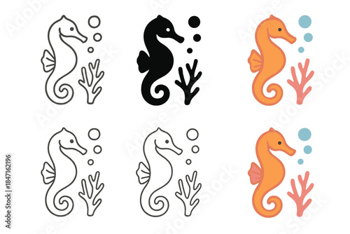 Seahorse Geometry Art. Seahorse Coral Bubble, smooth geometry representing the rhythm of ocean life, first in line style with thin