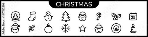 Christmas and winter line icons set in black, blue and light blue colors. Includes holiday symbols for UI UX, apps, websites, greetings, calendars and seasonal design projects