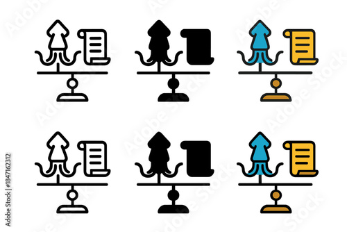 Creative Marine Balance Icons. Squid Ink Scroll, clean modern icon showing balance between marine life and creative expression,