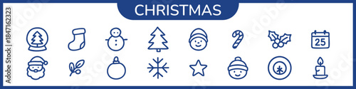 Christmas and winter line icons set in black, blue and light blue colors. Includes holiday symbols for UI UX, apps, websites, greetings, calendars and seasonal design projects