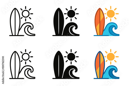 Vibrant Surfboard and Waves. Surfboard Wave Sun, vibrant coastal icon showing a surfboard standing upright beside curling waves