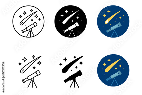 Comet and Telescope Reflections. Comet streak crossing telescope lens reflection, star clusters visible, first in line style with