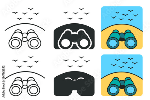 Birdwatching Treasures. Binoculars aimed toward flock of birds over hilltop, smooth horizon curve, first in line style with thin