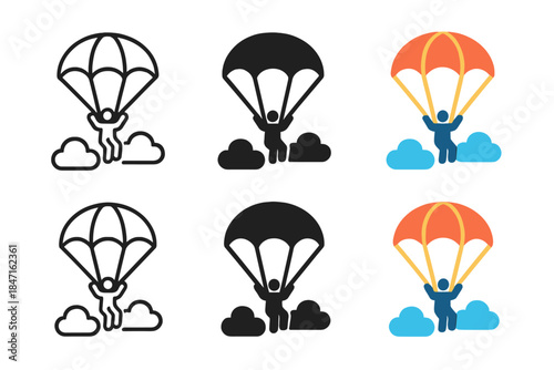 Parachute Descent Variations. Parachute Cloud Jump, adventurous sky icon showing a parachute opening above fluffy clouds with a