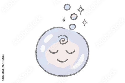 Meditative Bubble Sparkles. Whimsical doodle rising bubble representing a meditative thought, soft reflections and tiny sparkles