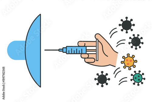 Syringe Repelling Viruses. Hand holding syringe injecting blue barrier, virus icons bouncing off, first in line style with thin