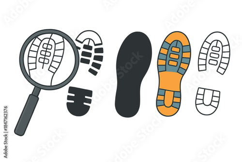Footprint Styles Exploration. Magnifying glass lens revealing detailed footprint texture, crisp tread lines, first in line style