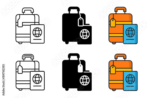 Travel Essentials Illustration. Suitcase and passport stacked together, travel tag hanging over edge, modern clean composition,