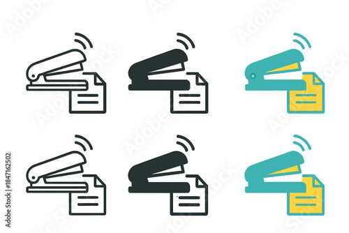 Stapler Silhouette Evolution. Minimal stapler silhouette with click motion and paper icon overlay, modern geometric balance, first