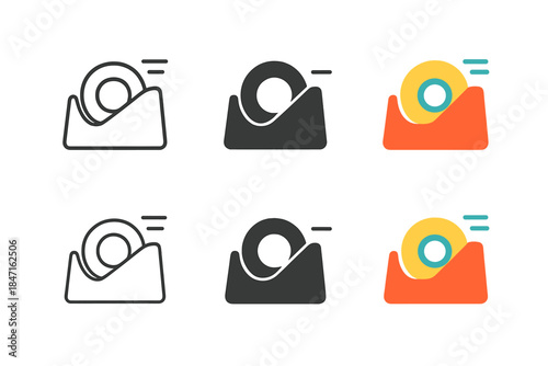 Minimal Tape Dispenser Designs. Minimal tape dispenser silhouette with tape roll and stick motion marks, geometric precision,