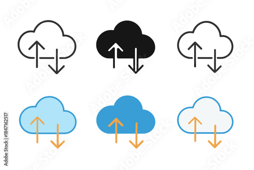 Data Flow Visualization. Cloud with arrows flowing in and out representing data exchange, clean dynamic flow, first in line style