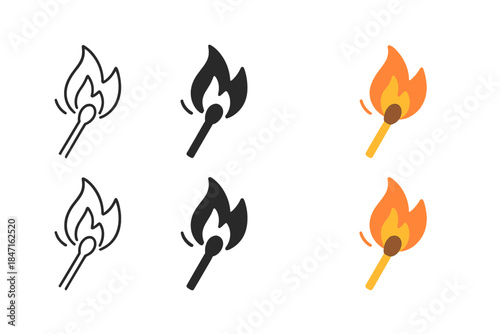 Matchstick Flame Styles. Single matchstick igniting with small flame burst, minimal curved spark motion, first in line style with