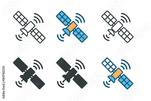 Satellite Signal Waves. Satellite with extended solar panels emitting curved signal waves, clean geometric balance, first in line