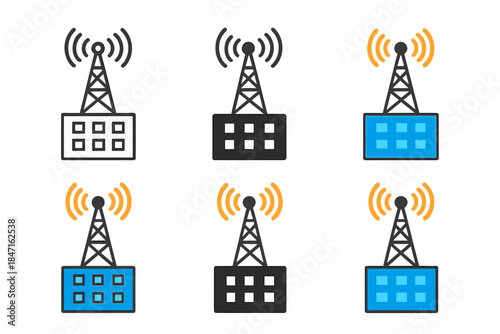 Telecom Tower Styles. Telecommunication tower with waves above a building, first in line style with thin outline, second in solid