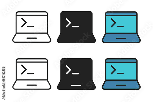 Coding Laptop Styles. Coding laptop with terminal window open, first in line style with thin outline, second in solid style filled