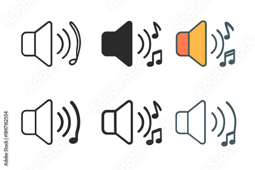 Speaker Icon Variations. Compact speaker icon with vibration lines and musical notes, first in line style with thin outline,