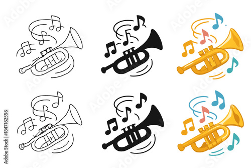 Trumpet Melody. Shiny brass trumpet with music notes spiraling around, first in line style with thin outline, second in solid