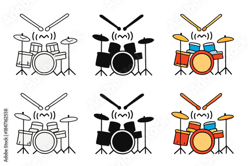 Dynamic Drum Illustrations. Drum set with sticks striking the snare producing rhythm waves, first in line style with thin outline,