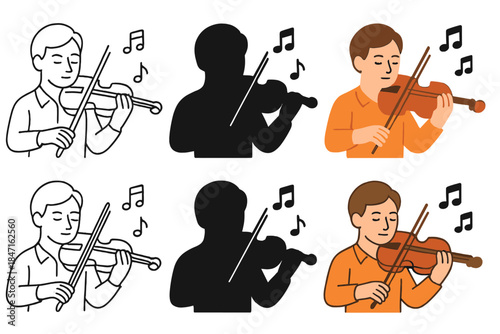 Multistyle Violinist Sequence. Violinist holding bow across strings with musical notes, first in line style with thin outline,
