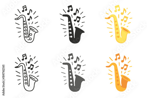 Harmonious Saxophone Styles. Saxophone with notes floating upward in a bright musical aura, first in line style with thin outline,
