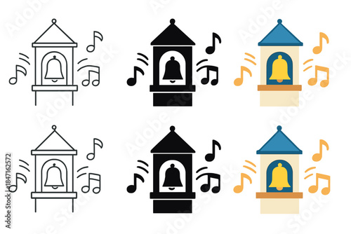 Musical Tower Bells. Tower bells with animated musical notes floating outward, first in line style with thin outline, second in