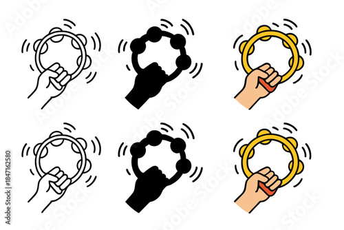 Vibrant Tambourine Styles. Tambourine in hand with animated shake lines and rhythm arcs, first in line style with thin outline,